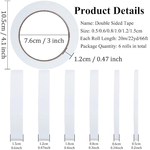 SmaringWing Double Sided Tape for Crafts, 6 Rolls Multi-Size Double-Sided Adhesive Tape for Arts, Photography, Gift Box, Scrapbooking, Card Making, Paper Backing