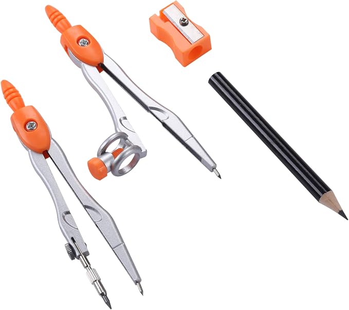 Unjoo Math Geometry Set 10 Pcs,Compass and Protractor for Students,Orange | Shatterproof Storage Box,Rulers,Protractor,Compass,Eraser,Pencil Sharpener,Lead Refills,Pencil,for Classroom, Back to School