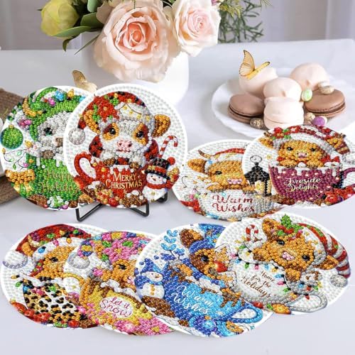 Christmas Cow Diamond Art Coasters Kit, 8 Pieces Diamond Painting Coasters