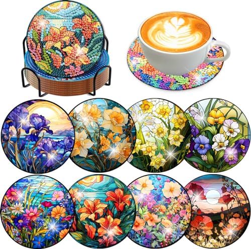 8 Pcs Diamond Art Coasters Kit for Adult with Holder, Diamond Coaster 4x4in
