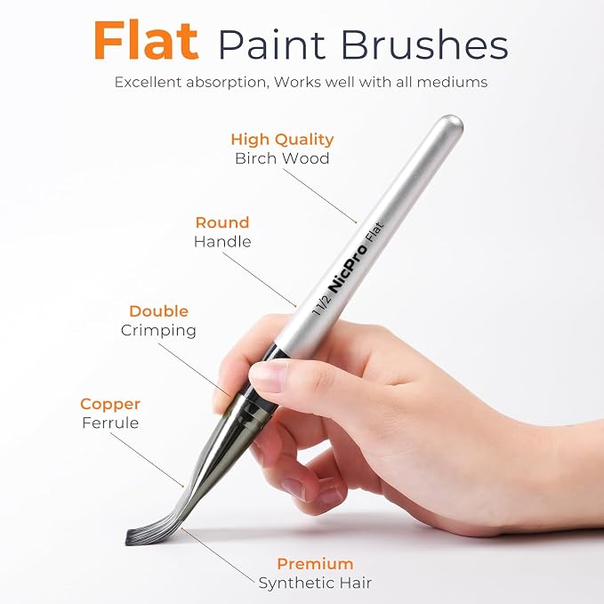 Nicpro 4pcs 1 1/2 Inch Flat Paint Brushes for Acrylic Painting, Large Paint Brushes for Acrylic Watercolor Oil, Artist Big Paint Brush for Canvas Painting, Base Coating, Crafts, Face, Body Art, Adults