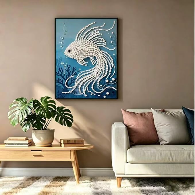 Fish Pearl Diamond Art Kits for Adults, Full Drill Wall Art 11.8X11.8In | 5D Diamond Painting Kits ,DIY Diamond Dots Gem Art Craft, Beginners Home Wall Decor