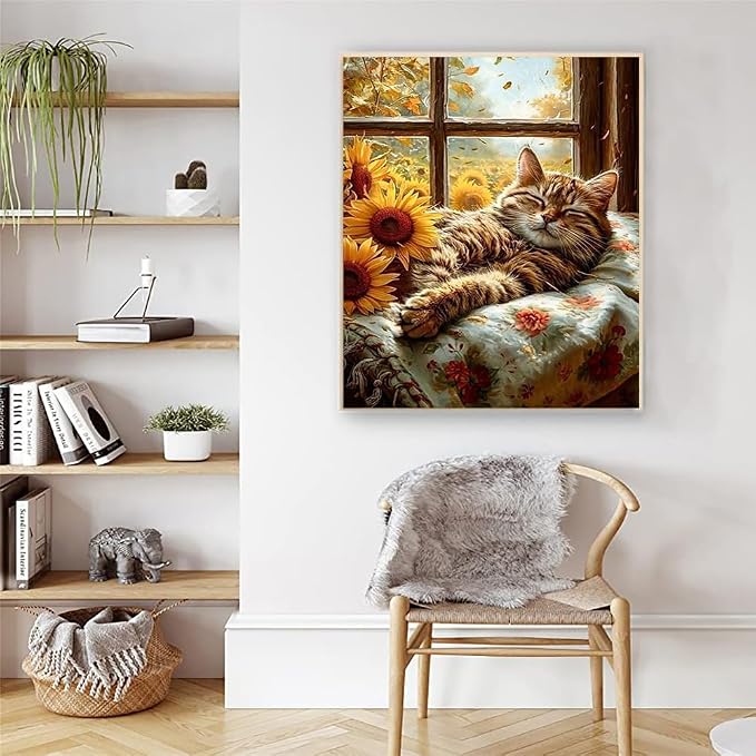 Artunion Sleelp Cat Paint by Numbers Kit for Adults,Sunflowers Paint by Number Kits, DIY Oil Painting Paint by Number Kits on Canvas Arts Craft for Home Wall Decor 16x20 Inch