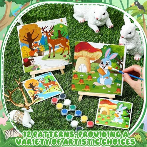 Tenceur 24 Pack 216 Piece Pre Drawn Canvas to Paint for Kid Adult 6 x 6 Inch Stretched Coloring Painting Canvas Panels with Design Easel and Brushes for Party Supplies Beginner Favor(Animals)