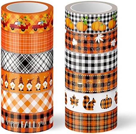 Whaline 12 Rolls Fall Plaid Washi Tapes Colorful Buffalo Plaid Autumn Pumpkin Truck Maple Leaves Gnome Pattern Masking Tape Decorative Tape for Fall Scrapbook Journal DIY Craft Gift Wrapping, 0.6Inch