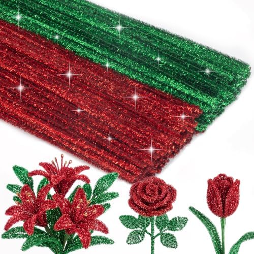 Caydo 200 Pieces Glitter Pipe Cleaners, Red and Green