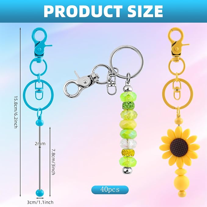40 Pcs Beadable Keychains Bulk Kit – DIY Keychain Making Supplies with Metal Blanks for Crafts, Jewelry, Charms, Custom Projects – Blank Chain Bars for Beaded Keychain Design (Multicolor)