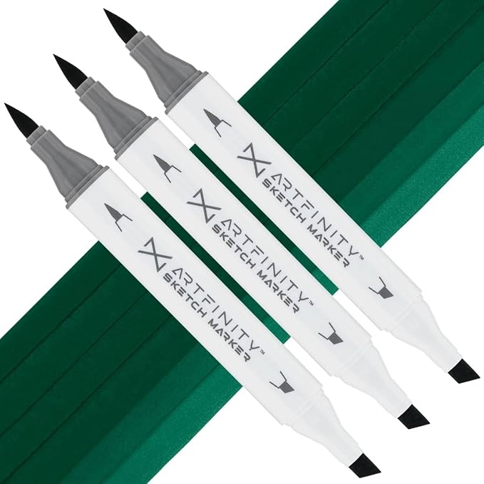 Artfinity Sketch Markers - Set of 3 - Spruce Green BG3-8, Vibrant, Professional, Dye-Based Alcohol Markers for Artists, Drawing, Travel, & More