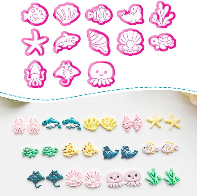 Under The Sea Polymer Clay Cutters Set - 13pcs Ocean Life Shapes Including Seal, Turtle, Jellyfish, Starfish, Dolphin & Shells for DIY Earring Jewelry, Soft Clay Crafts & Scrapbooking