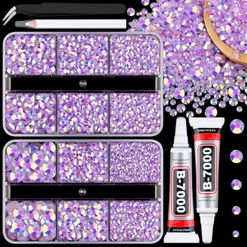 Resin Jelly Rhinestones for Crafting with B7000 Jewelry Glue, 2 Boxes Light Purple AB Flatback Crystals with 2Pcs 10ml Glue, Bedazzling Non Hotfix Gems for DIY Tumblers Clothing Shoes Manicure