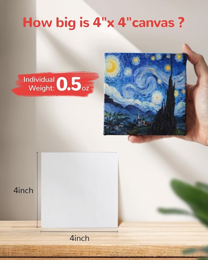 100 Pack 4x4 Inch Mini Canvas Boards for Painting, Square Art Panel | 100% Cotton Art Supplies for Acrylics Oil Watercolor Tempera Paints