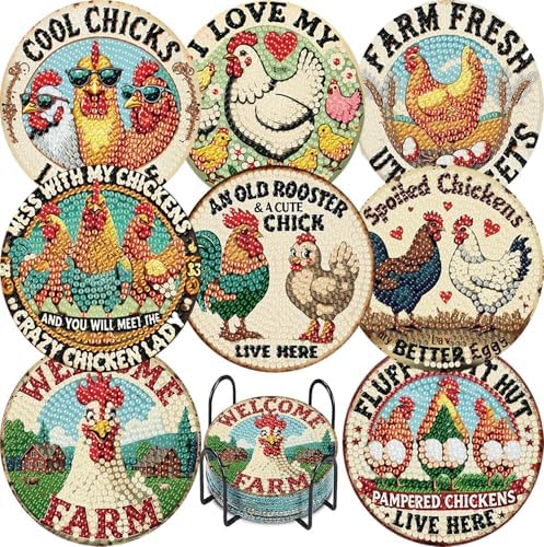 8 Pcs Chicken Diamond Art Coasters Kits, Diamond Painting Coasters Kits ﻿ ﻿