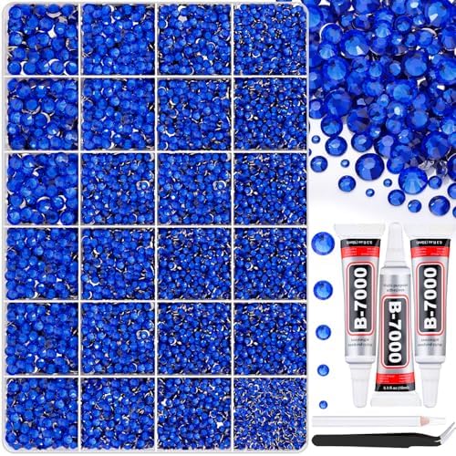 30000Pcs Royal Blue Rhinestones for Bedazzling with B7000 Jewelry Glue, Bedazzler Kit Bulk Flatback Gems, Resin Rhinestones for Crafting Crafts Clothing Shoes Fabric Nail Art Assorted Size 2/3/4/5/6mm