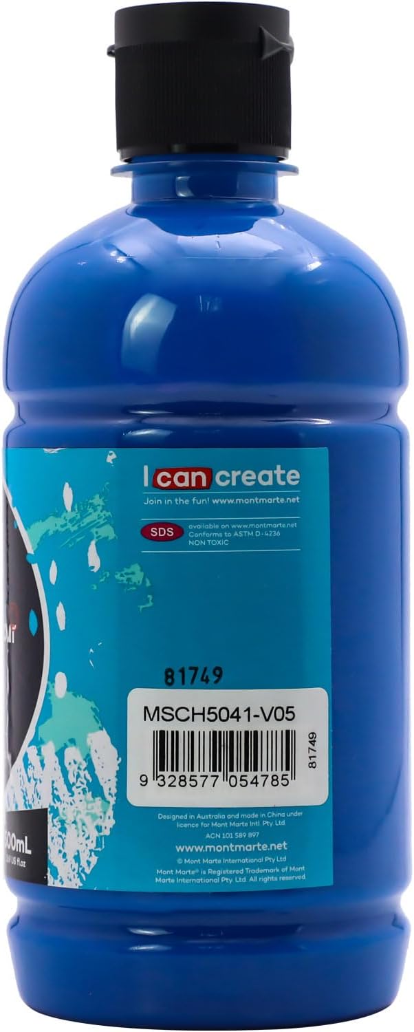 Mont Marte Signature Deep Cyan Acrylic Paint, 16.9oz (500ml), Semi-Matte Finish, Suitable for Canvas, Wood, Fabric, Leather, Cardboard, Paper, MDF and Crafts