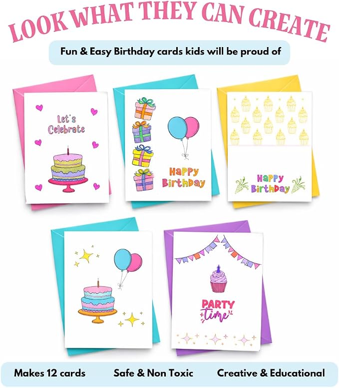 Birthday Card Making Kit -11 Reuseable Wooden Stamps & Ink Pad, 12 Blank Cards with Colorful envelopes, 1 Sheet of Birthday Stickers and 5 Color Pencils Ages 4+