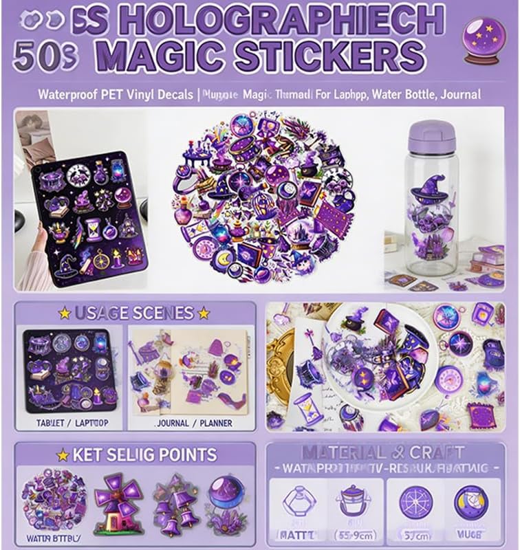50 Pcs Magic Goth Stickers Waterproof Purple for Journals
