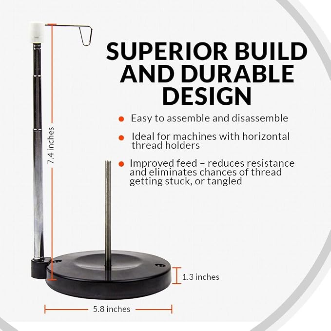 Adjustable Single Thread Spool Holder – Stand alone Embroidery, Sewing or Quilting Thread Holder or Stand – Ensures Smoother Feed = Heavy Plastic Base