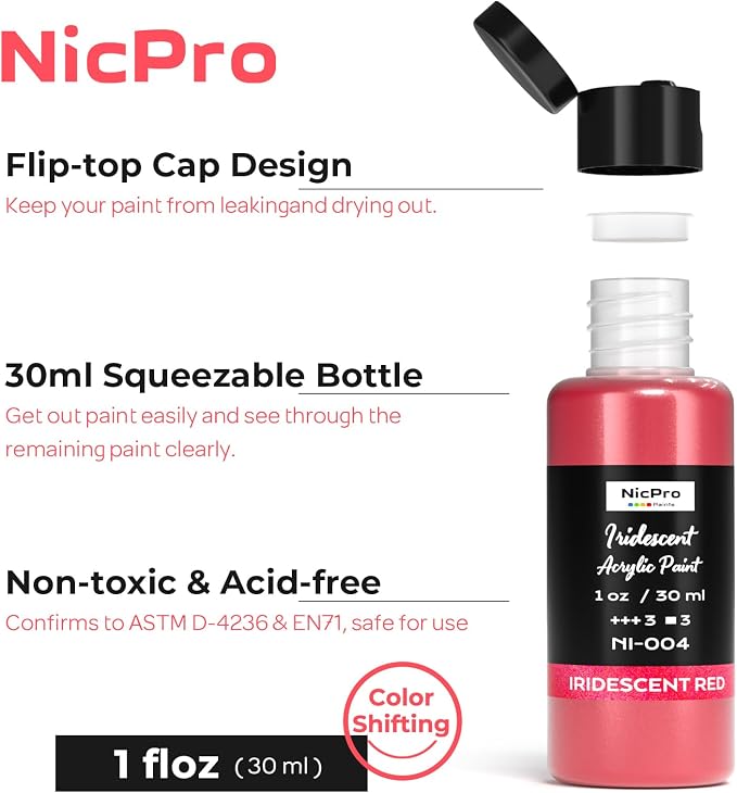 Nicpro 12 Colors Iridescent Acrylic Paint Set,1oz Chameleon Metallic Paint | Color Shifting Glitter Craft Paint, Non-Toxic DIY Art Painting Supplies,Paint Kit for Canvas Rocks Wood Glass Ceramic Fabric