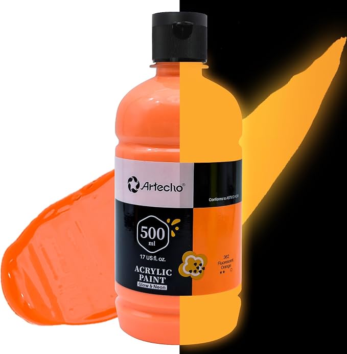 Artecho Orange Glow in the Dark Acrylic Paint 500ml / 17oz Large Bottle