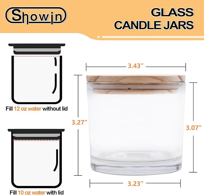 SHOWIN 12 OZ Thick Candle Jars for Making Candles 12 Pcs, Empty Jars with Wood Lids for Spice Jars, Sample Container, Clear