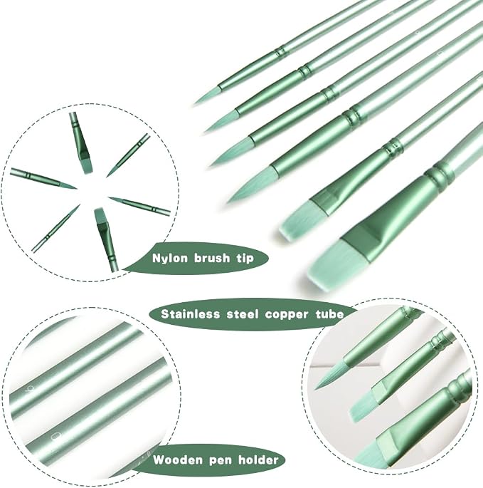 Acrylic Paint Brush Set, 6 pcs Watercolor Brushes, Painting Brush Nylon Hair Brushes for All Purpose Oil Watercolor Painting Beginner Kits (6, Green)