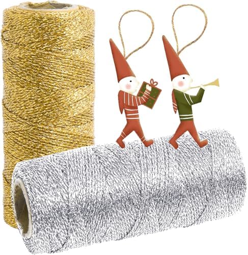 Gold String Twine 658 Feet 1.5mm for Ornaments Christmas String Twine for Gift Wrapping Inelastic Glitter Gold Cording for Crafts Thread Wedding DIY Decoration