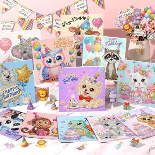 Saillong 12 Pack Happy Birthday Diamond Painting Greeting Card Kits DIY Animal Birthday Diamond Art Cards with Envelopes Cake 5D Rhinestones Painting Kits for Adults DIY Crafts Family Friend Gifts