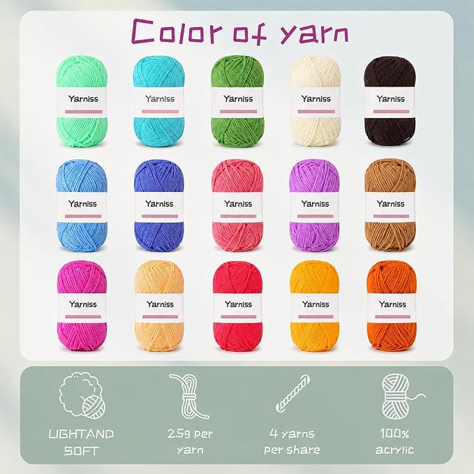 Yarniss Crochet Kits with Yarn,Beginners Crochet Kit for Adult,Black | 1120 Yards Yarn&12 Size Ergonomic Crochet Hooks 0.8~8.0mm,Learn to Crochet with Step by Step Video Tutorial