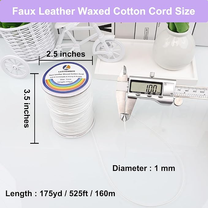 LUSTEMBER 1mm Faux Leather Waxed Cotton Cord, 175 Yards – Durable Necklace String, Soft and Textured Cord for Necklaces, Bracelets, and Jewelry Making