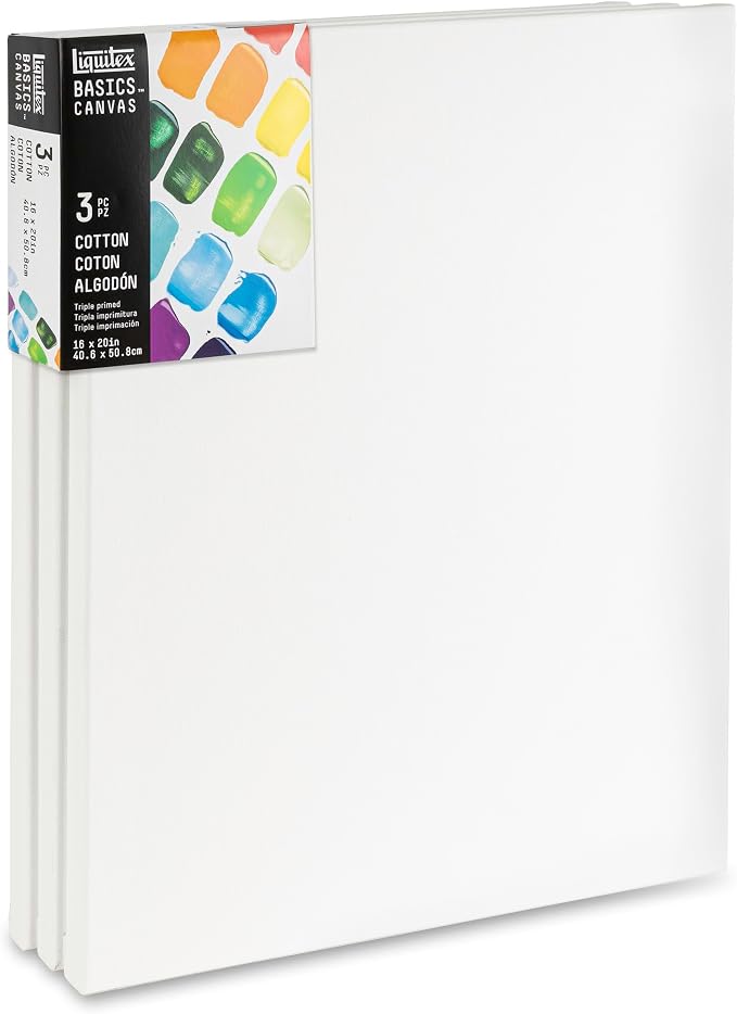 Liquitex BASICS Canvas, 3 pack, 16" x 20" | Archival, Acid-Free, Non-Toxic, Medium Texture Cotton, Pre-primed with a triple layer of acrylic gesso, Stapled & Stretched
