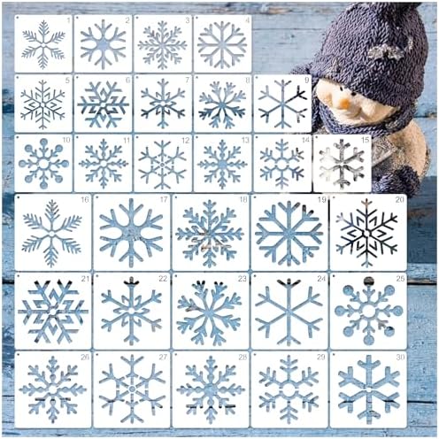 30 Pieces Christmas Snowflake Stencil Reusable Plastic Drawing Painting Stencil Winter Holiday Templates Stencils for Crafts Window Glass Wall Cookies (30 Snowflakes)