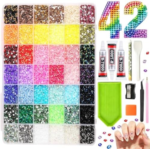 Bedazzling Kit 42000Pcs 42 Colors Resin Jelly Rhinestones 3mm Flatback Gems Bedazzler Kit with B7000 Jewelry Glue and Tools for Diamond Art Crafts Nail Art Supplies