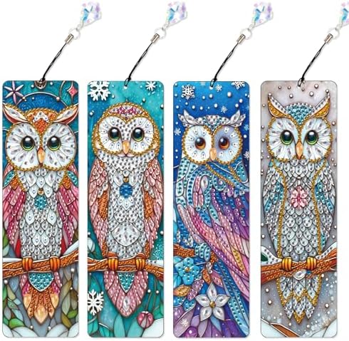 4 Pcs Diamond Painting Bookmarks, Owl DIY 5D Special Shaped Rhinestone Bookmark Kits for Adults, Handmade Diamond Art Bookmark with Tassel Pendant for Reading Gifts
