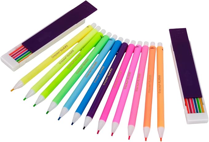 Crayola Clicks 2.0mm Mechanical Colored Pencil Set, 12 Neon Colors, Coloring Pencils for Kids, No Sharpen, 24 Replacement Cores, Ages 5+