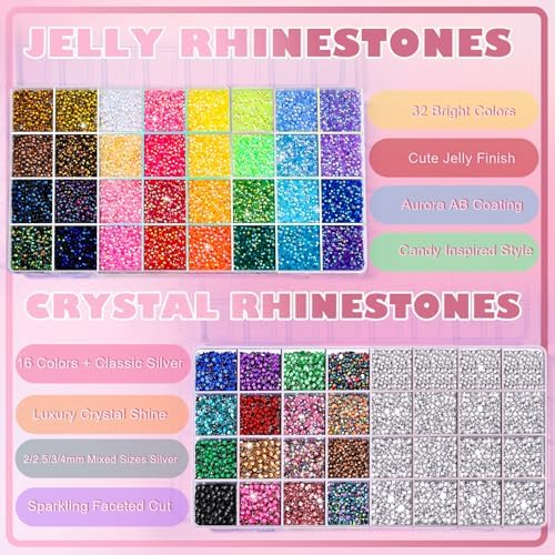 YGDZ 64 Grids Bedazzling Kit, 40000Pcs Jelly Resin Rhinestones for Diamond Art, Silver Flatback Gems, Bedazzled Kits with B7000 Jewelry Glue, Bedazzling Tool, Nail Charms, for Nail Art, Crafts, DIY