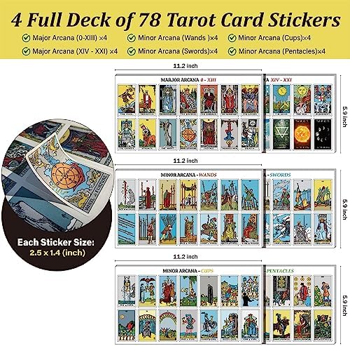Joyppy 336 Pcs Tarot Stickers - 2.5" x 1.4" (6.3 cm x 3.6 cm) - 4 Sets RWS Full Deck Tarot Card Stickers for Tarot Journal & Planner - Tarot Cheat Sheets Included for Quick Learning & Spreads…