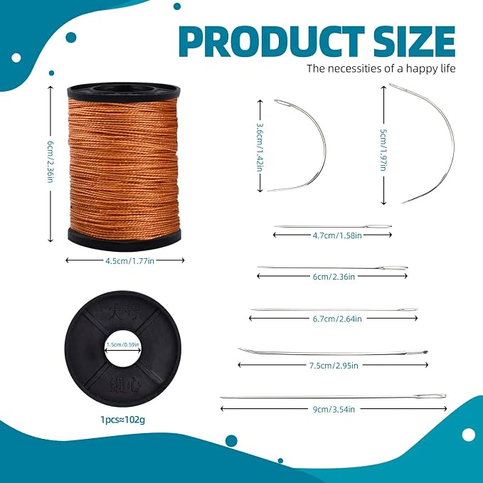 3Pcs Brown Upholstery Thread Heavy Duty, 7 Styles Curved Sewing Needles