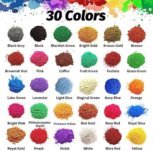 30 Colors Mica Powder, Mica Pigment Powder for Epoxy Resin, Lip Gloss, Eye Shadow, Dye, Soap Making, Nail Polish, Candle Making, Bath Bombs