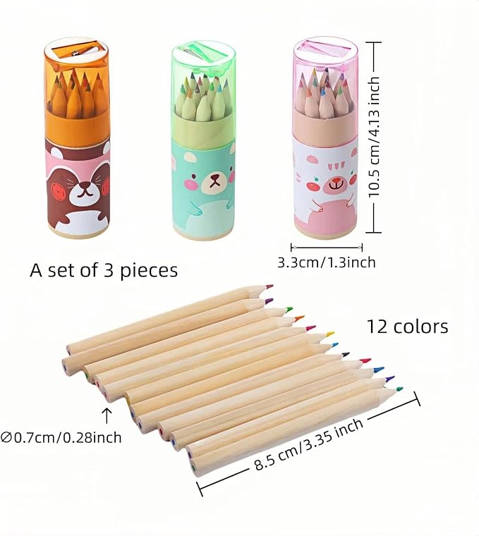 3-Pack Mini Portable Colored Pencils Set – 12 Colors Each (36 Total) with Built-In Sharpener, 3.35” Miniature Art Pencils in Portable Tubes- Ideal for School, Classrooms & On-The-Go Creativity