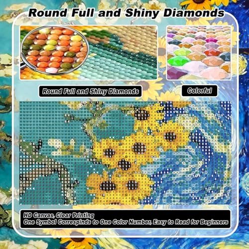 VeGuude Diamond Art Kits for Adults, Van Gogh Starry Night Sunflower Almond Blossom Combination Art, DIY 5D Round Full Drill Diamond Art for Beginner, Home Wall Decor Gift 12x16inch