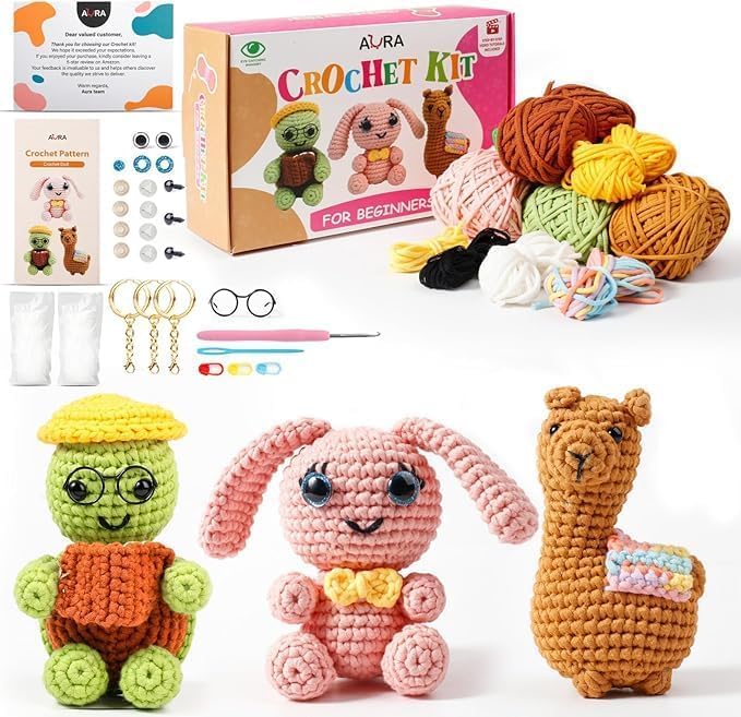 A-URA 3-in-1 Learn to Crochet Kit for Beginners Kids and Adults, Premium Pattern Sunflower, Panda Cactus, Hanging Pot Plant Beginner Crochet Kits with Easy Tube Yarn (3, Animal Pattern)