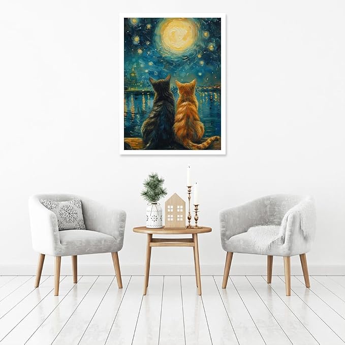 Cat Paint by Numbers for Adults with Easel, Framed Painting by Numbers kit on Canvas for Beginners, Starry Night Oil Painting Set Craft Supplies, 3 Paintbrushes and Acrylic Paint 12x16 Inch