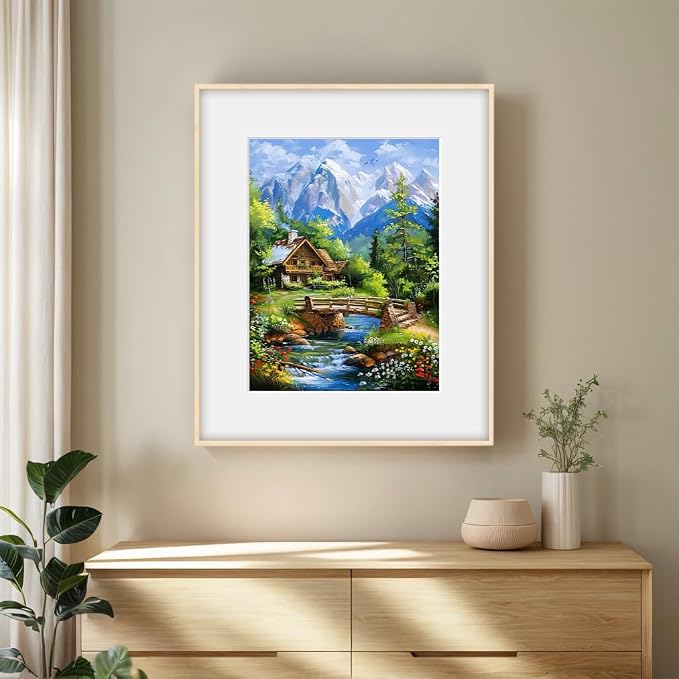PINFFSHU Landscape Diamond Painting Kit for Adults: Rustic Wood Cabin, Wildflower Meadow, Sparkling Stream & Snowy Peaks - 5D DIY Full Round Drill Diamond Art Kits Home Wall Art Decor, 12x16 Inch