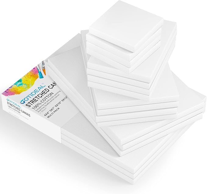 GOTIDEAL 18Pcs Stretched Canvases, Multi Pack 4x4, 5x7, 8x10, 9x12, 11x14 | Primed White Set, 100% Cotton Artist Blank Canvas Boards for Painting, Acrylic Pouring, Oil Paint
