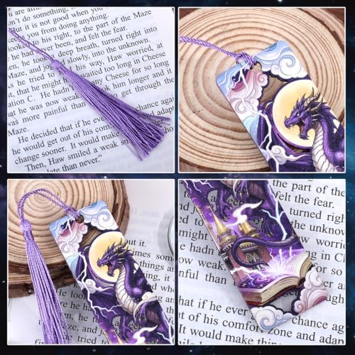 4 Pieces Wooden Dragon Bookmarks for Books, Journals, Planners - Cool Magic Book Markers for Reading Women & Men, Unique Book Marks Gifts for Book Lovers, Reading Accessories for Adults & Kids