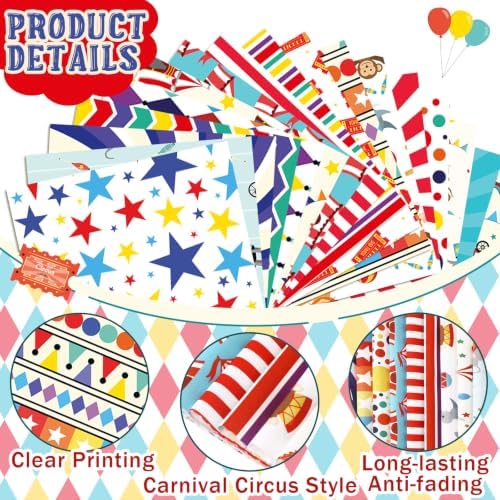HunnmingRe 20 Pcs 10''x10'' Carnival Circus Quilting Fabric Square Precuts Quilted Fabric Bundle Monkey Striped Printed Sewing Material for Halloween Patchwork Scrapbook Junk Journal DIY Craft