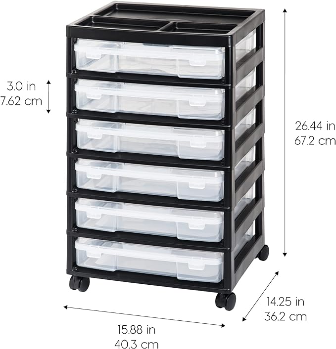IRIS USA Rolling Cart with Drawers |Made in USA| 6-Tier Cases - Black/Clear