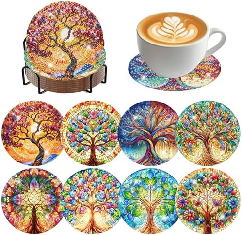 8 Pack Diamond Art Coasters,Tree of Life Diamond Painting Coasters Kits