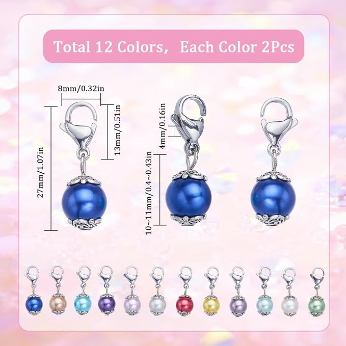 SUNNYCLUE 1 Box 24Pcs Locking Stitch Marker Knitting Markers Charms Glass Pearl Locking Stitch Markers Lobster Claw Clasps Knitting Charms for Knitting Weaving Sewing Needleworks Women Adult DIY Craft