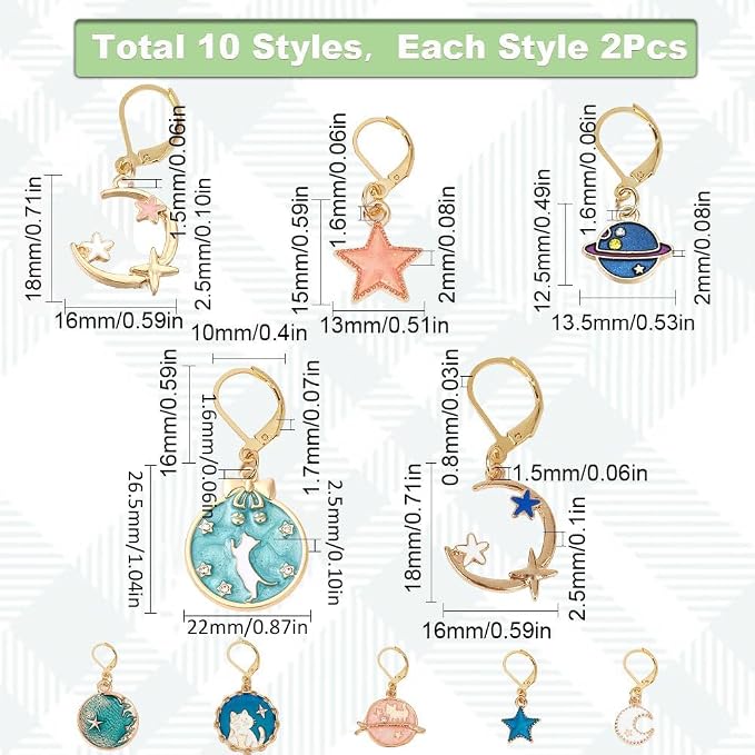 SUNNYCLUE 1 Box 20Pcs Stitch Markers Crochet Stitch Marker Cute Planet Moon Star Enamel Charms Clip On Removable Lobster Clasp Zipper Pull Charm Locking Knitting Markers for Weaving Sewing Quilting